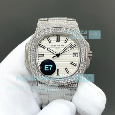 Luxury Clone E7 Factory Patek Philippe Nautilus 5711 White Face Full Diamond Watch 